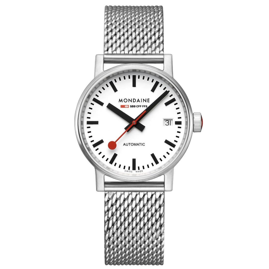 Mondaine Damenuhr mit silbernem Metallarmband, weißem Zifferblatt und Automatikanzeige