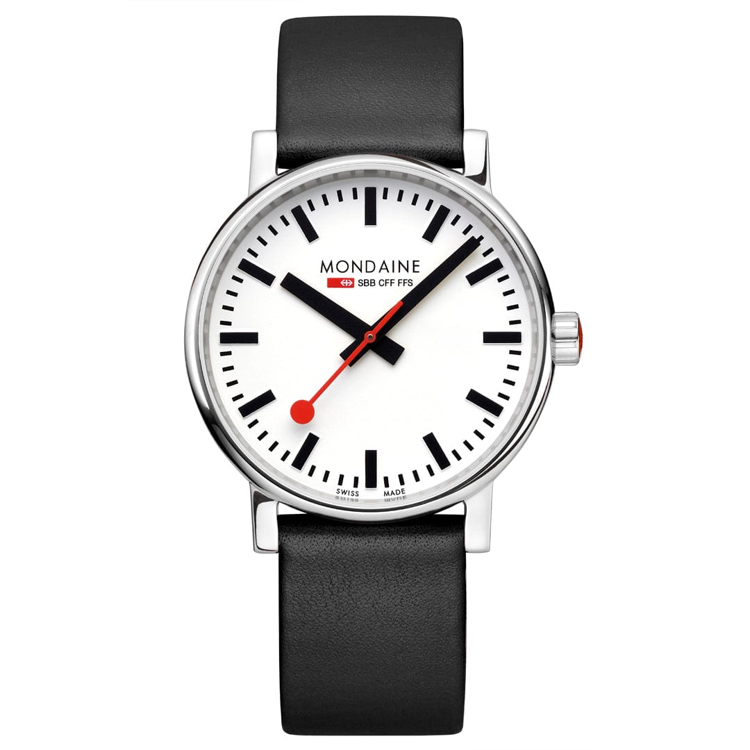 Mondaine Herrenuhr mit schwarzem Lederarmband, silbernem Gehäuse und weißem Zifferblatt