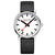Mondaine Herrenuhr mit schwarzem Lederarmband, silbernem Gehäuse und weißem Zifferblatt