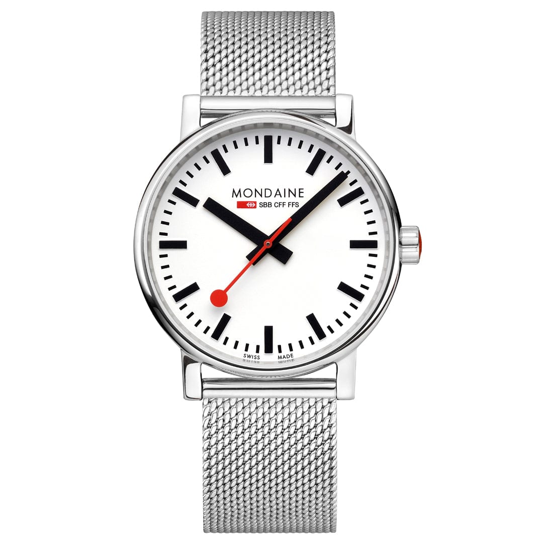 Mondaine Herrenuhr mit silbernem Mesh-Armband, weißem Zifferblatt und roter Sekunde