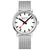 Mondaine Herrenuhr mit silbernem Mesh-Armband, weißem Zifferblatt und roter Sekunde