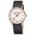 Herrenuhr frontal mit schwarzem Lederband, roségoldenem Gehäuse und weißem Zifferblatt
