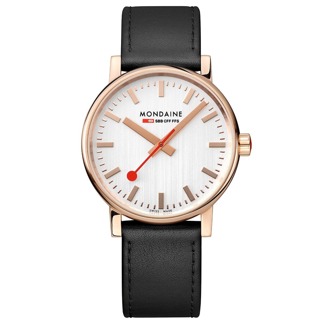Herrenuhr mit schwarzem Lederband, roségoldenem Gehäuse und weißem Zifferblatt