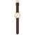 Herrenuhr in Seitenansicht mit braunem Lederarmband und goldenem Gehäuse über weißem Zifferblatt