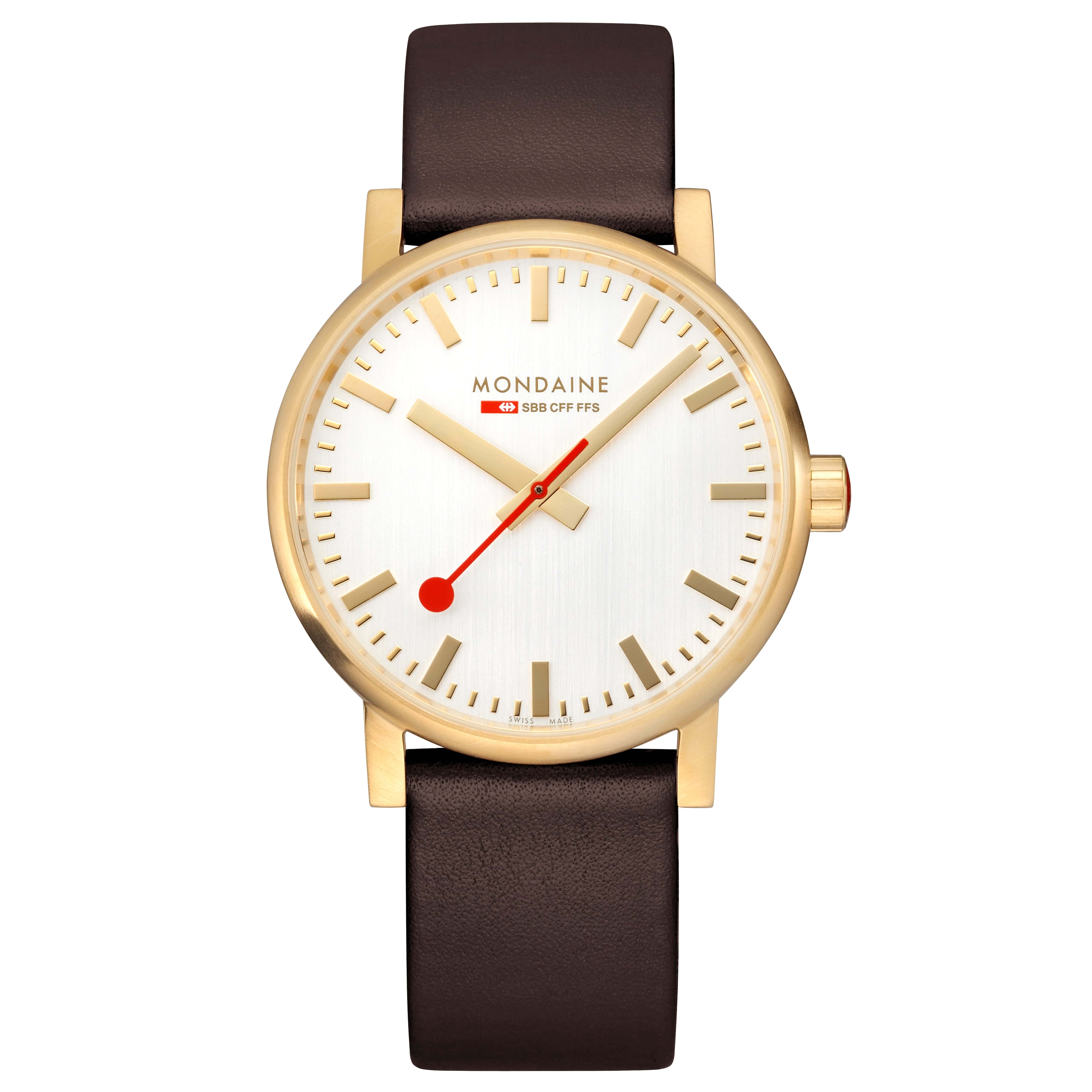 Herrenuhr mit braunem Lederarmband, goldenem Gehäuse und weißem Zifferblatt mit roter Sekunde