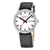 Herrenuhr im Frontblick: schwarzes Lederarmband, silbernes Gehäuse, weißes Zifferblatt.