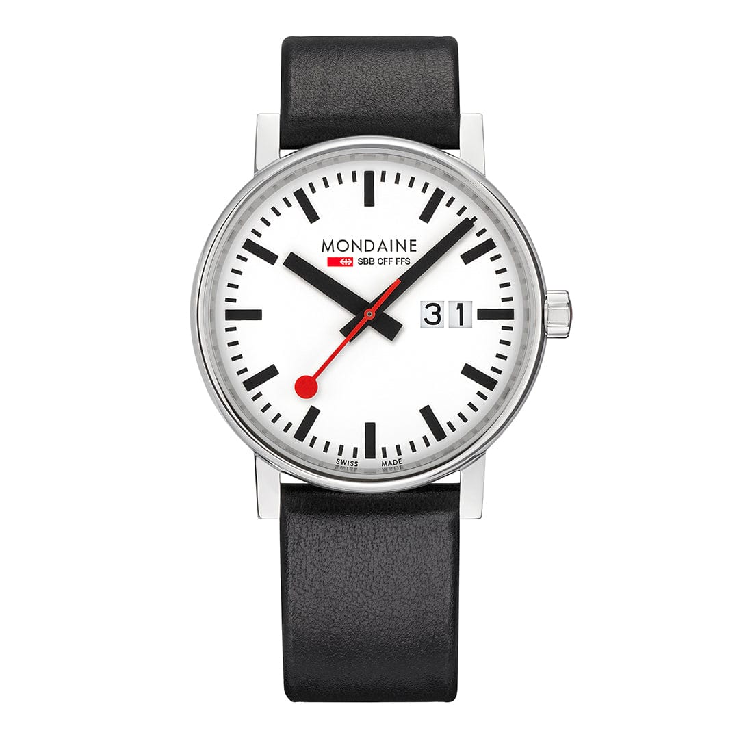 Herrenuhr mit schwarzem Armband, weißem Zifferblatt, roten Zeigern und Datumsfenster.