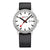 Herrenuhr mit schwarzem Armband, weißem Zifferblatt, roten Zeigern und Datumsfenster.