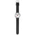 Herrenuhr mit schwarzem Armband, rundem weißem Zifferblatt, roten Zeigern und Datum.