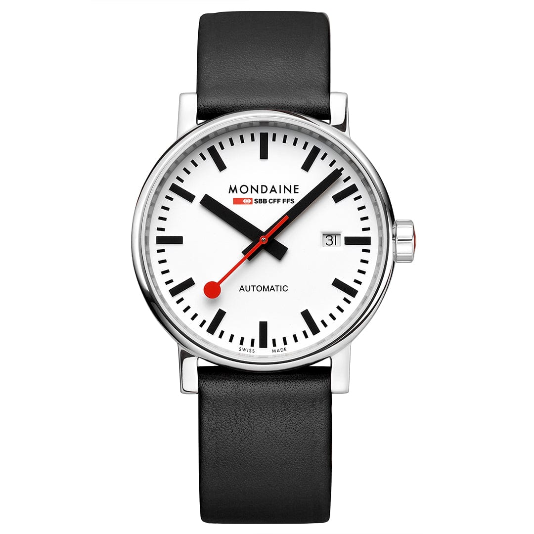 Herrenuhr mit schwarzem Lederarmband, weißem Zifferblatt und roten Zeigern, Automatik