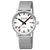 Herrenuhr mit silbernem Meshband, rundem Gehäuse und weißem Zifferblatt mit Datumsfenster