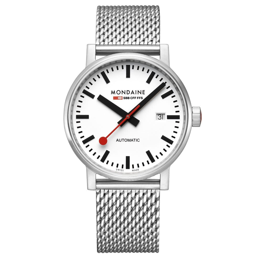 Mondaine evo2 Herrenuhr mit silbernem Meshband und weißem Zifferblatt, Automatik