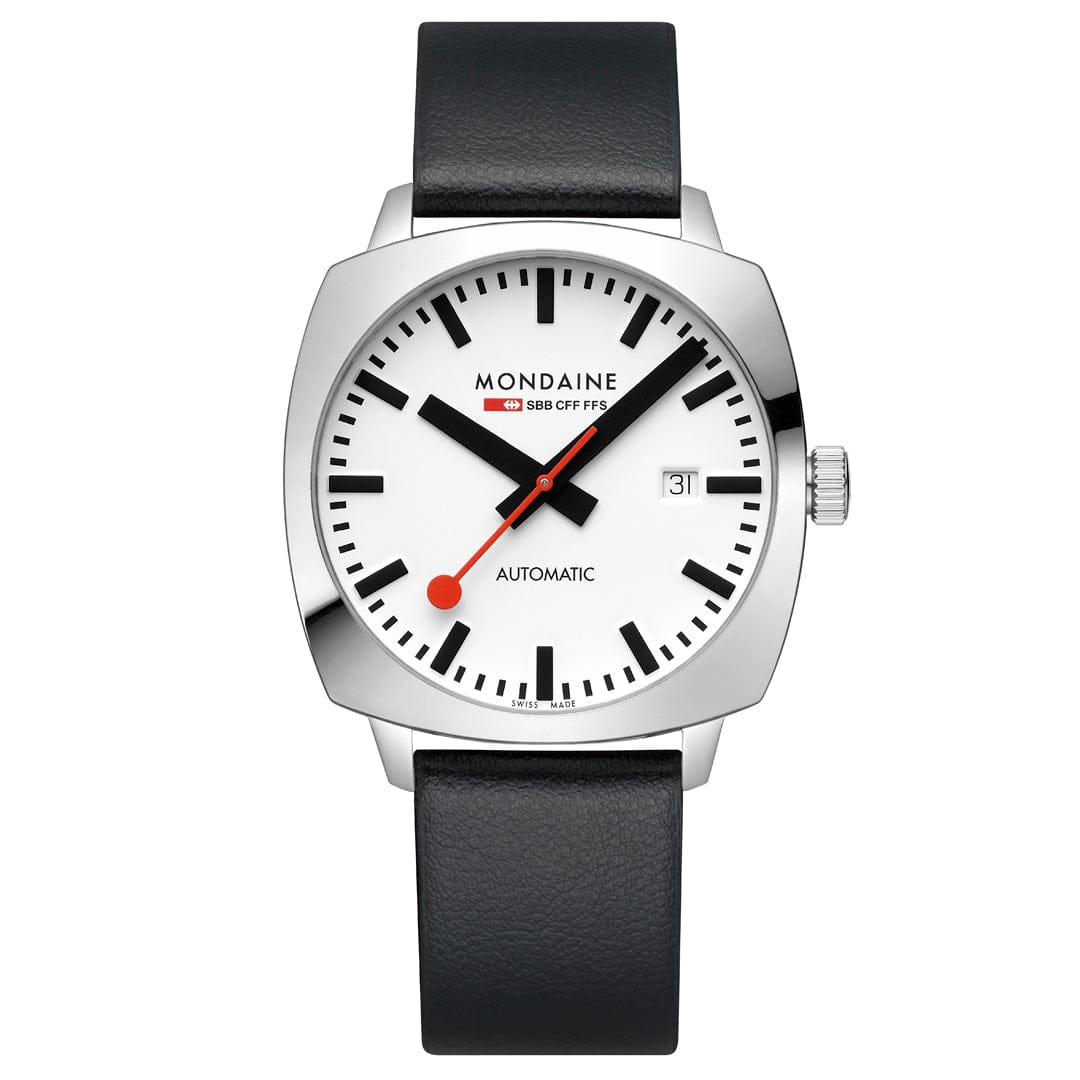 Mondaine Herrenuhr mit weißem Zifferblatt, schwarzem Lederband und Automatik-Anzeige
