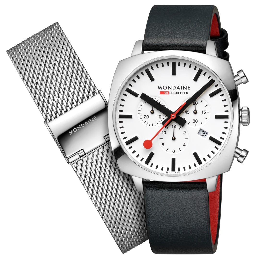 Herrenuhr mit weißem Zifferblatt, schwarzem Lederband und Chronograph mit roten Akzenten
