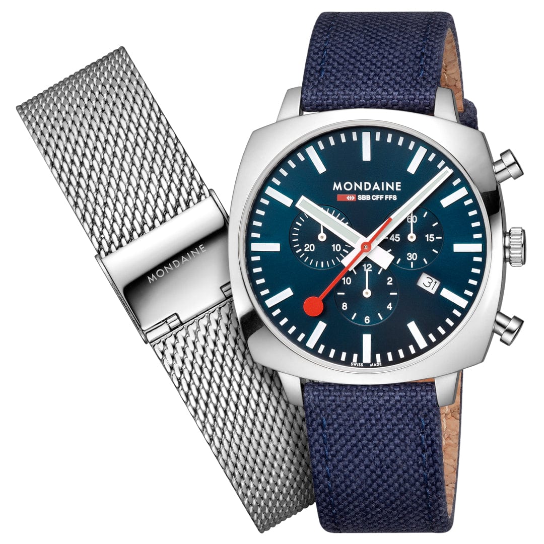 Herrenuhr mit blauem Zifferblatt, Chronographen-Augen und blauem Textilband, silbernes Gehäuse