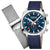 Herrenuhr mit blauem Zifferblatt, Chronographen-Augen und blauem Textilband, silbernes Gehäuse