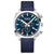 Herrenuhr im Frontblick: blaues Zifferblatt, Chronograph, roter Akzent, blaues Textilband