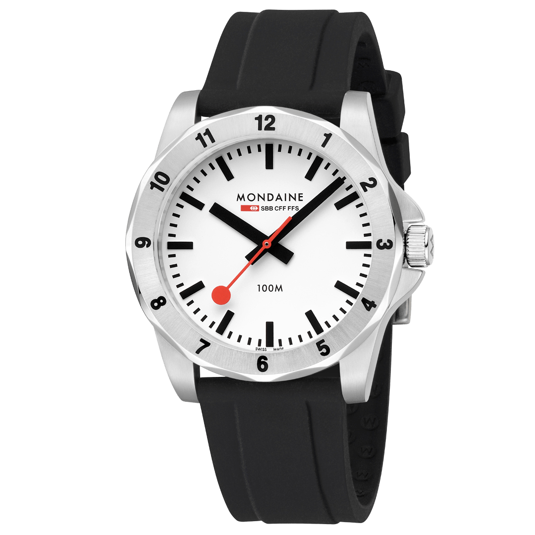Montre Mondaine pour homme avec boîtier argenté, cadran blanc et bracelet en silicone noir