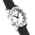 Montre Mondaine pour homme, vue de trois quarts, avec cadran blanc, bracelet noir et aiguilles rouges