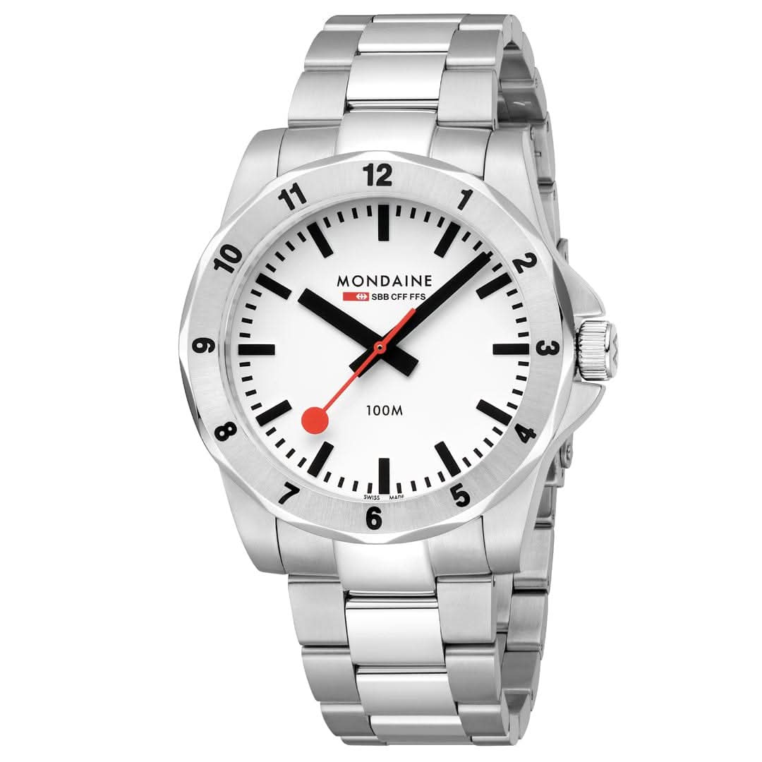 Montre analogique pour homme avec cadran blanc, aiguilles rouges et bracelet en acier