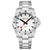 Montre homme avec cadran blanc, accents rouges, chiffres 12 et bracelet en acier