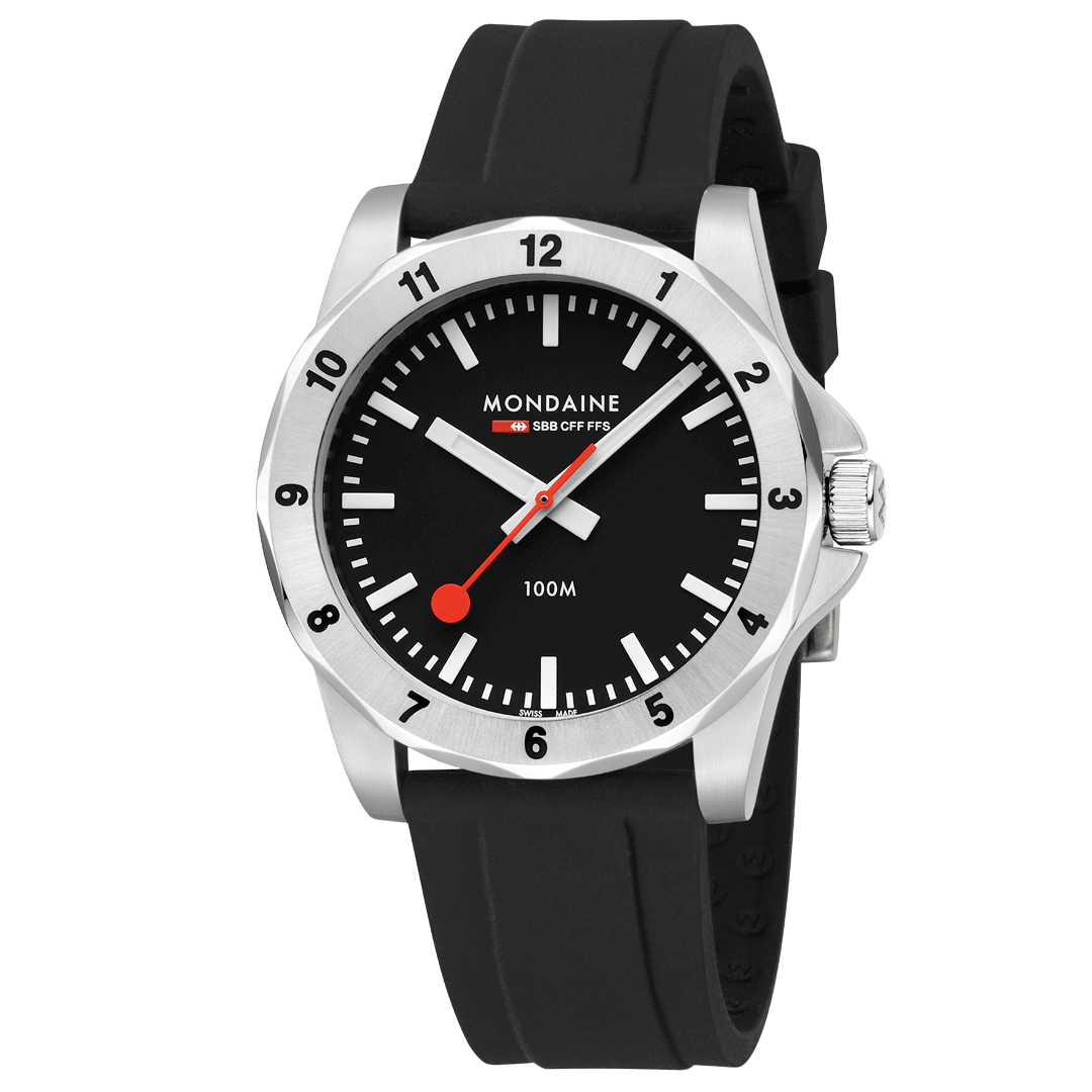 Montre homme avec cadran noir, aiguille des secondes rouge et bracelet en silicone noir