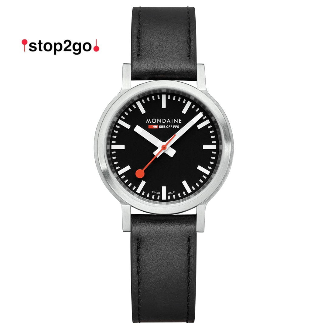 Mondaine Stop2go Damenuhr mit schwarzem Lederarmband und schwarzem Zifferblatt