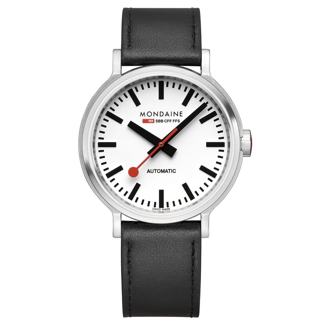 MONDAINE Automatikuhr mit schwarzem Lederarmband und weißem Zifferblatt, Stahllünette