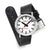MONDAINE Uhr mit schwarzem Lederarmband, weißem Zifferblatt und seitlicher Krone
