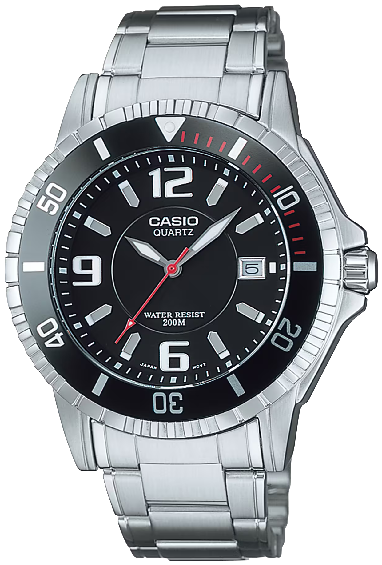 Casio Herrenuhr mit schwarzem Zifferblatt, silberner Metallarmband-Lünette und roten Akzenten