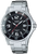 Casio Herrenuhr mit schwarzem Zifferblatt, silberner Metallarmband-Lünette und roten Akzenten