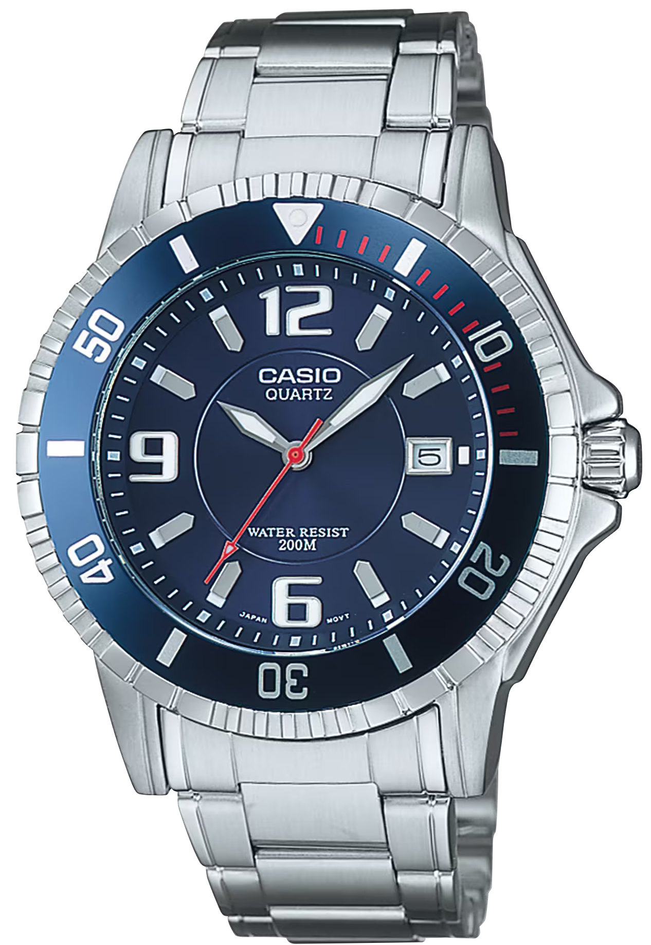 Montre homme avec cadran bleu, bracelet en acier inoxydable argenté et affichage de la date à 5 heures