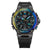 Casio G-Shock Herrenuhr Frontansicht mit schwarzem Zifferblatt und Regenbogen-Akzenten