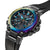 Casio G-Shock Herrenuhr 3/4-Ansicht: schwarzes Gehäuse, Regenbogen-Lünette, blaue Markierungen