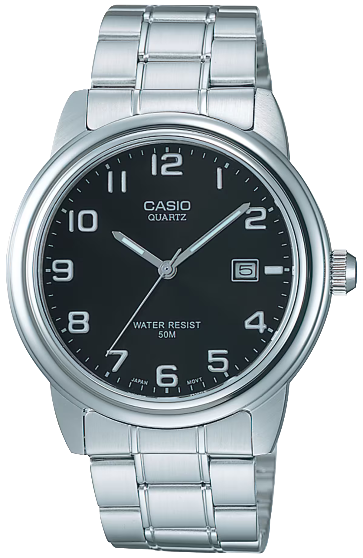 Casio Montre Homme avec cadran noir, guichet date et bracelet en acier inoxydable