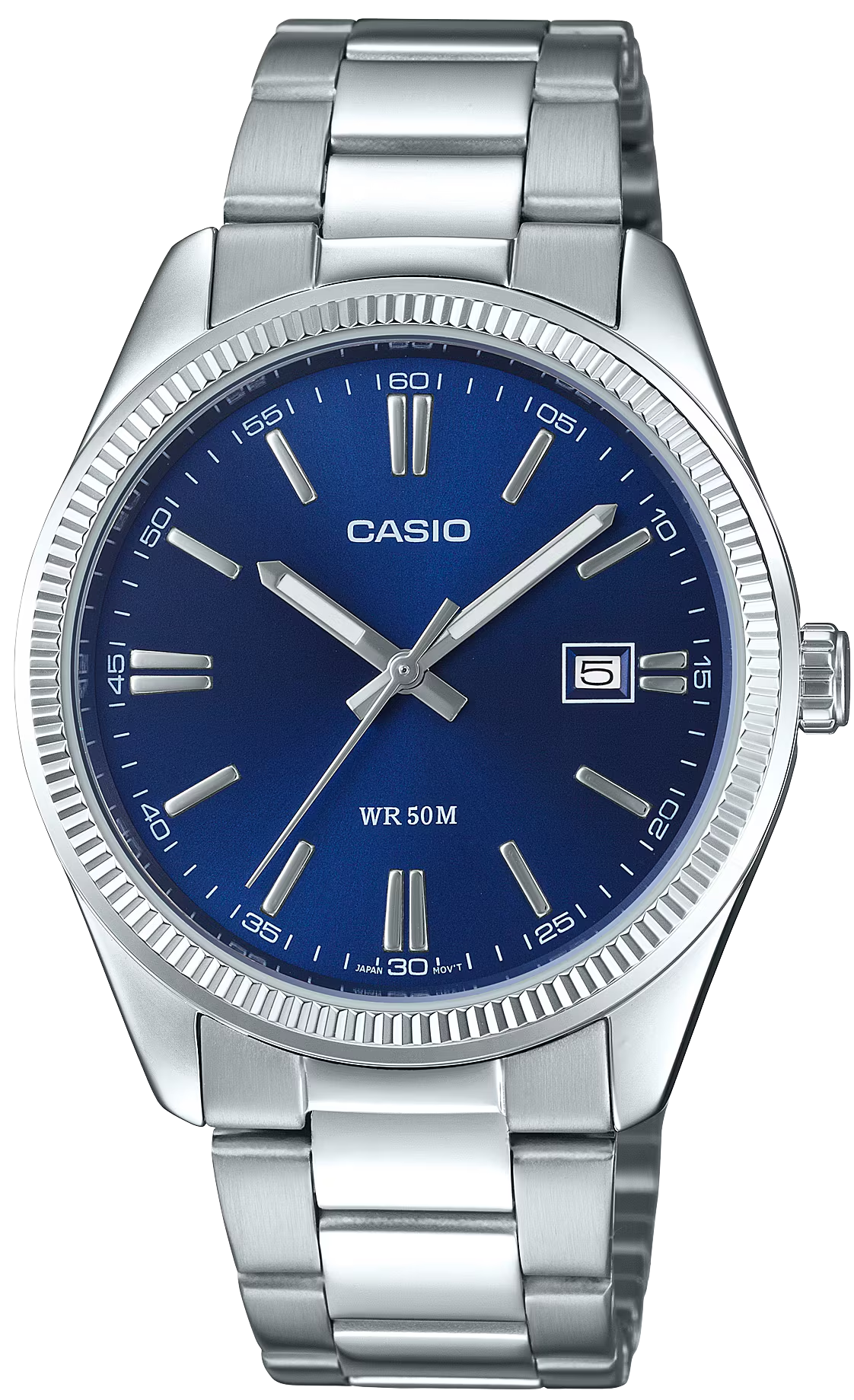 Bracelet montre avec bracelet en acier inoxydable argenté et cadran bleu, guichet date à 5h