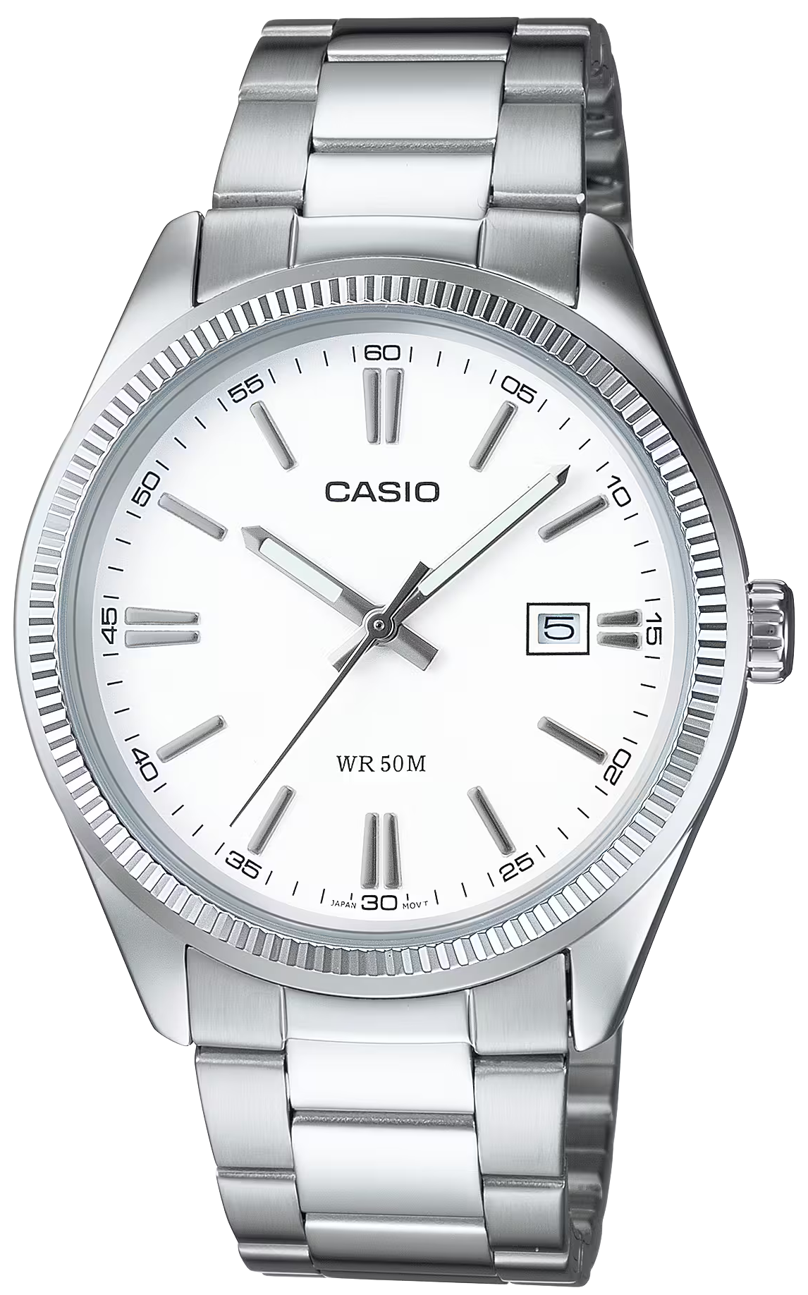 Montre Casio pour homme avec bracelet en métal argenté, cadran blanc, affichage de la date