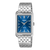 Casio Armbanduhr mit blauem Zifferblatt und silbernem Metallband, Krone seitlich
