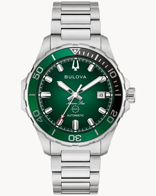Zegarek męski Bulova Marine Star z zieloną tarczą i metalową bransoletą, mechanizm automatyczny, szkło szafirowe