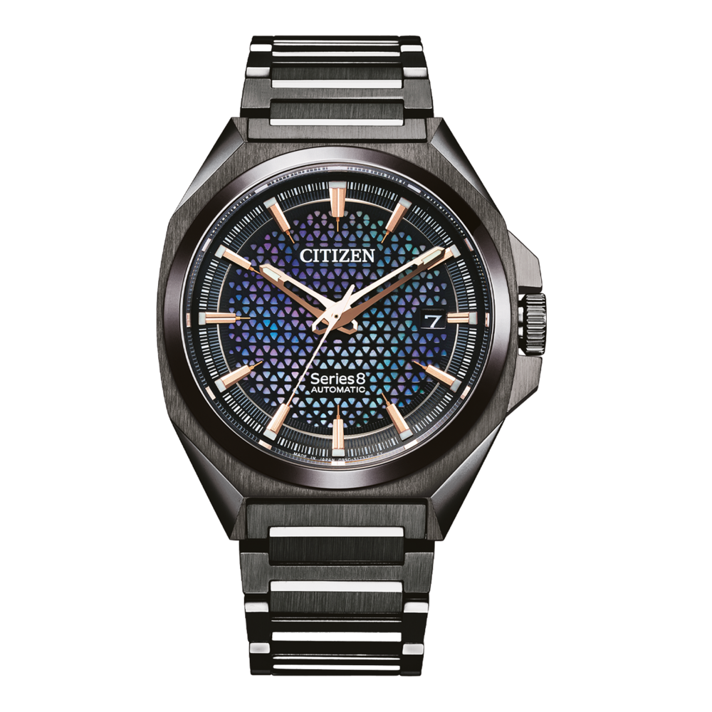 Bracelet de montre pour homme en acier inoxydable noir, cadran bleu à motifs et aiguilles dorées