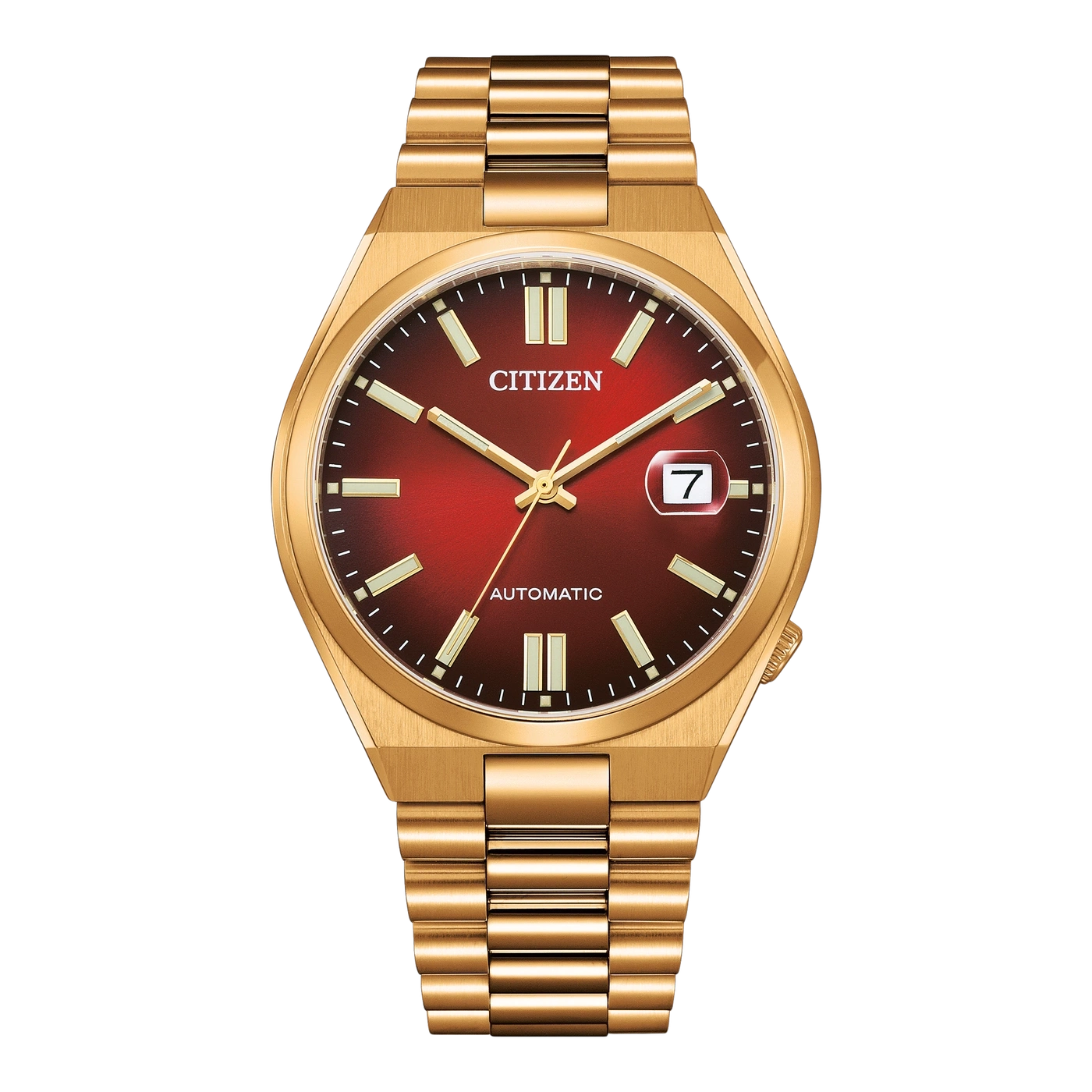 Herrenarmbanduhr mit goldfarbenem Metallband und rotem Zifferblatt, Automatik