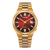 Herrenarmbanduhr mit goldfarbenem Metallband und rotem Zifferblatt, Automatik