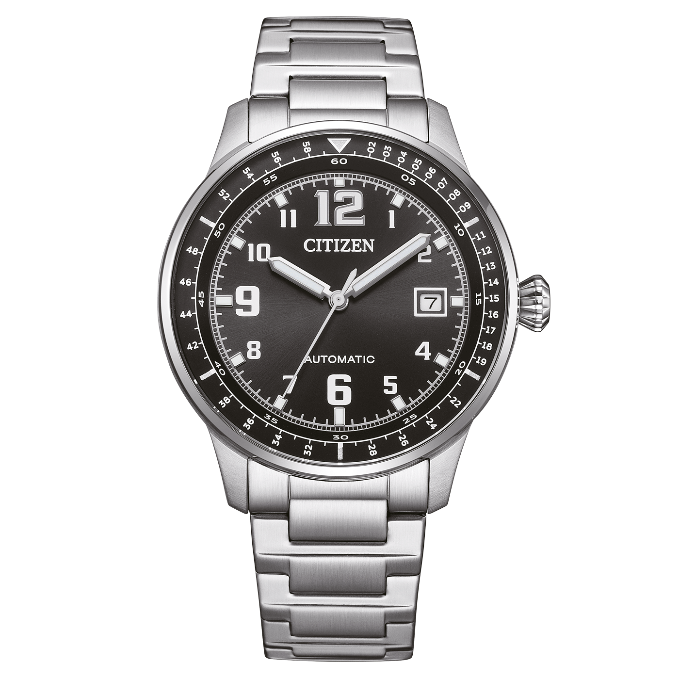 Citizen Herrenuhr mit schwarzem Zifferblatt, Automatik-Zeitanzeige und Edelstahlarmband