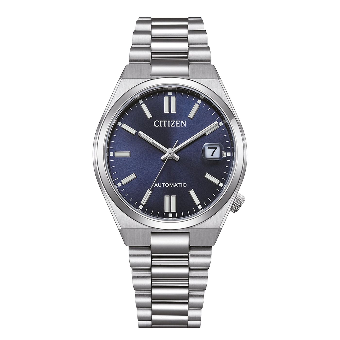 Herrenarmbanduhr mit silbernem Edelstahlarmband, blauem Zifferblatt und Automatikanzeige