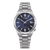 Herrenarmbanduhr mit silbernem Edelstahlarmband, blauem Zifferblatt und Automatikanzeige