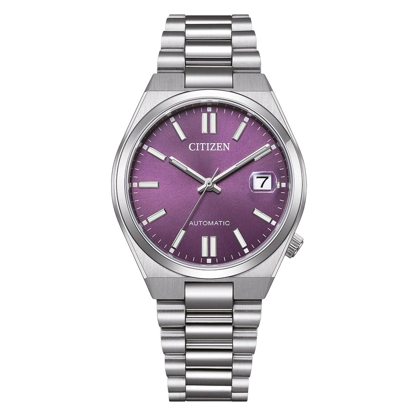 Herrenarmbanduhr mit lila Zifferblatt, Stabindex, Datumsfenster und Edelstahlband
