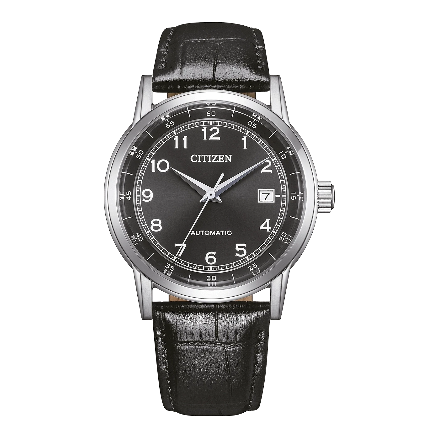 Montre homme avec bracelet en cuir noir et cadran rond, lunette argentée