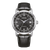Montre homme avec bracelet en cuir noir et cadran rond, lunette argentée