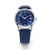 Montre homme avec cadran rond bleu, boîtier argenté et bracelet en cuir bleu