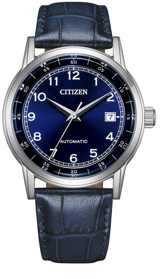 Montre homme avec bracelet en cuir bleu et cadran bleu, boîtier argenté, automatique